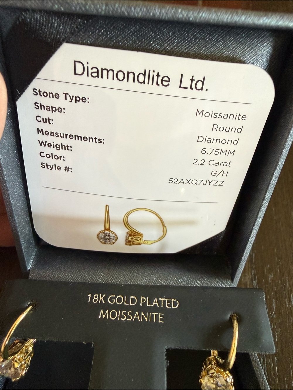 18K Gold Plated Moissanite Drop Earrings - Gold - Picture 4 of 5